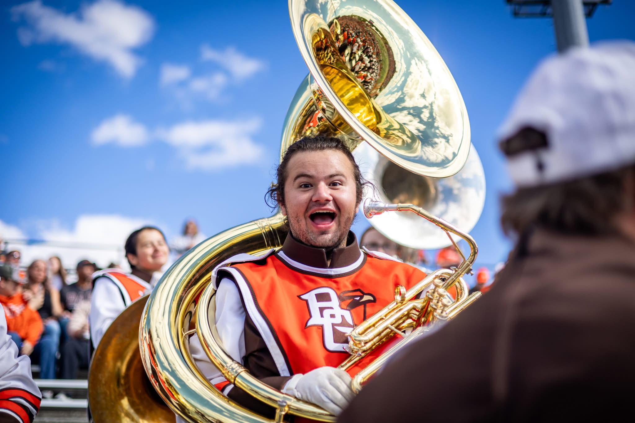 Mason Combs playing sousaphone with the BGSU Falcon Marching Band